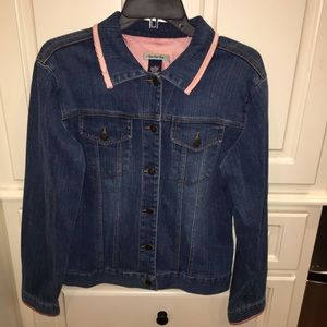 Too She She jean jacket w/ silk style trim in pink